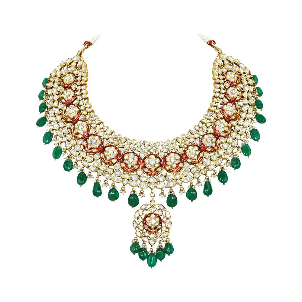 Polki Necklace with Red Enamel and Emerald Drops